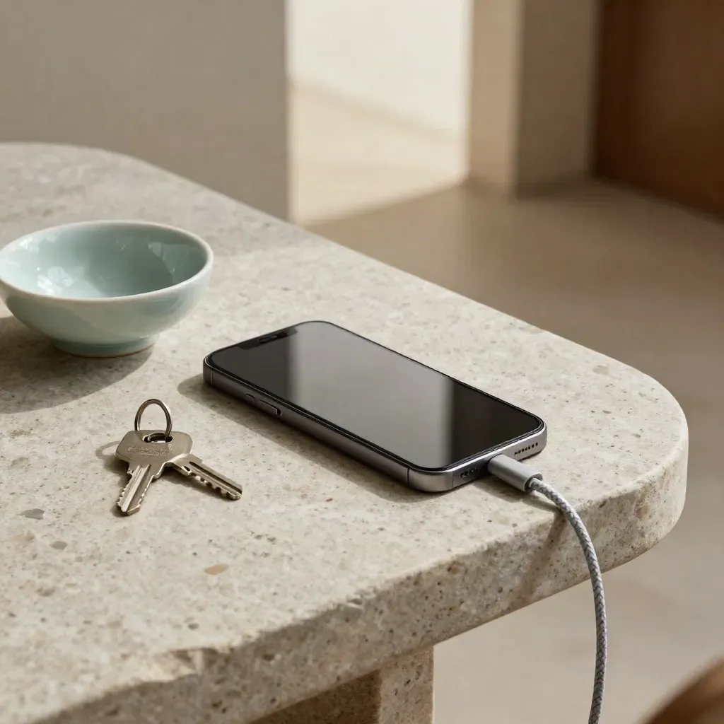 Smartphone, keys, and cable on a stone entry table beside a mint catchall.