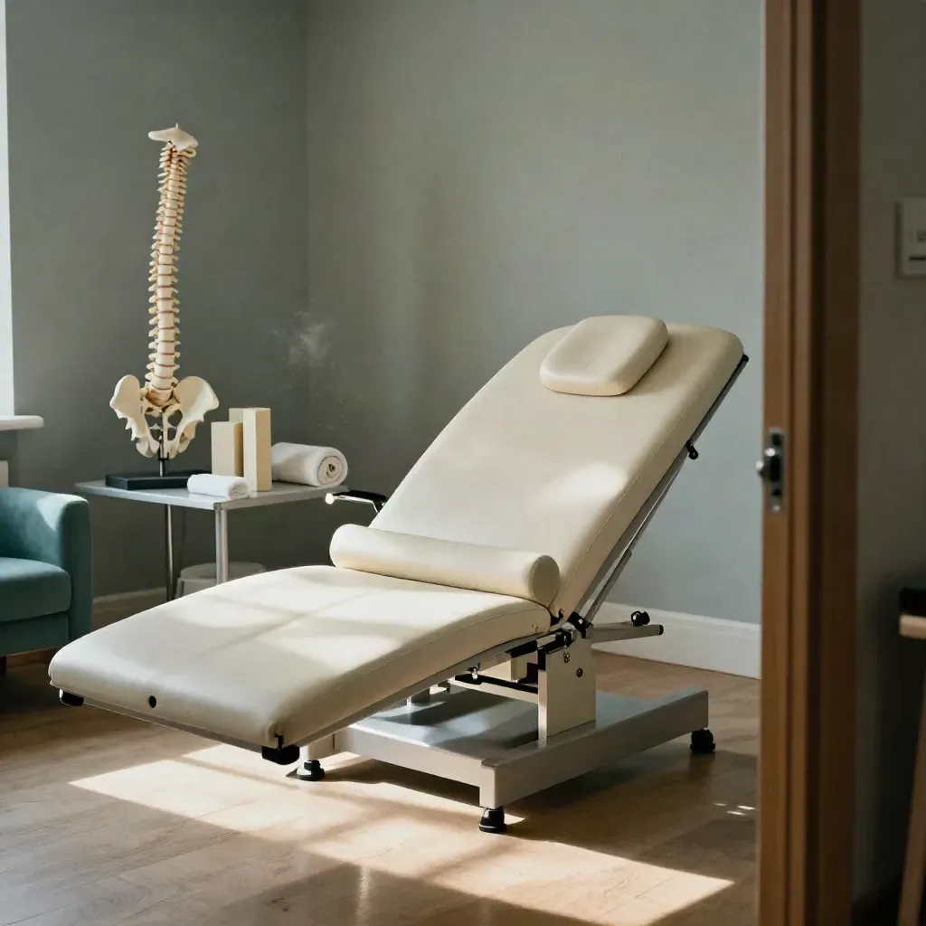 Tilted spinal assessment table, wedge, towel roll and spine model in a calm clinic room.