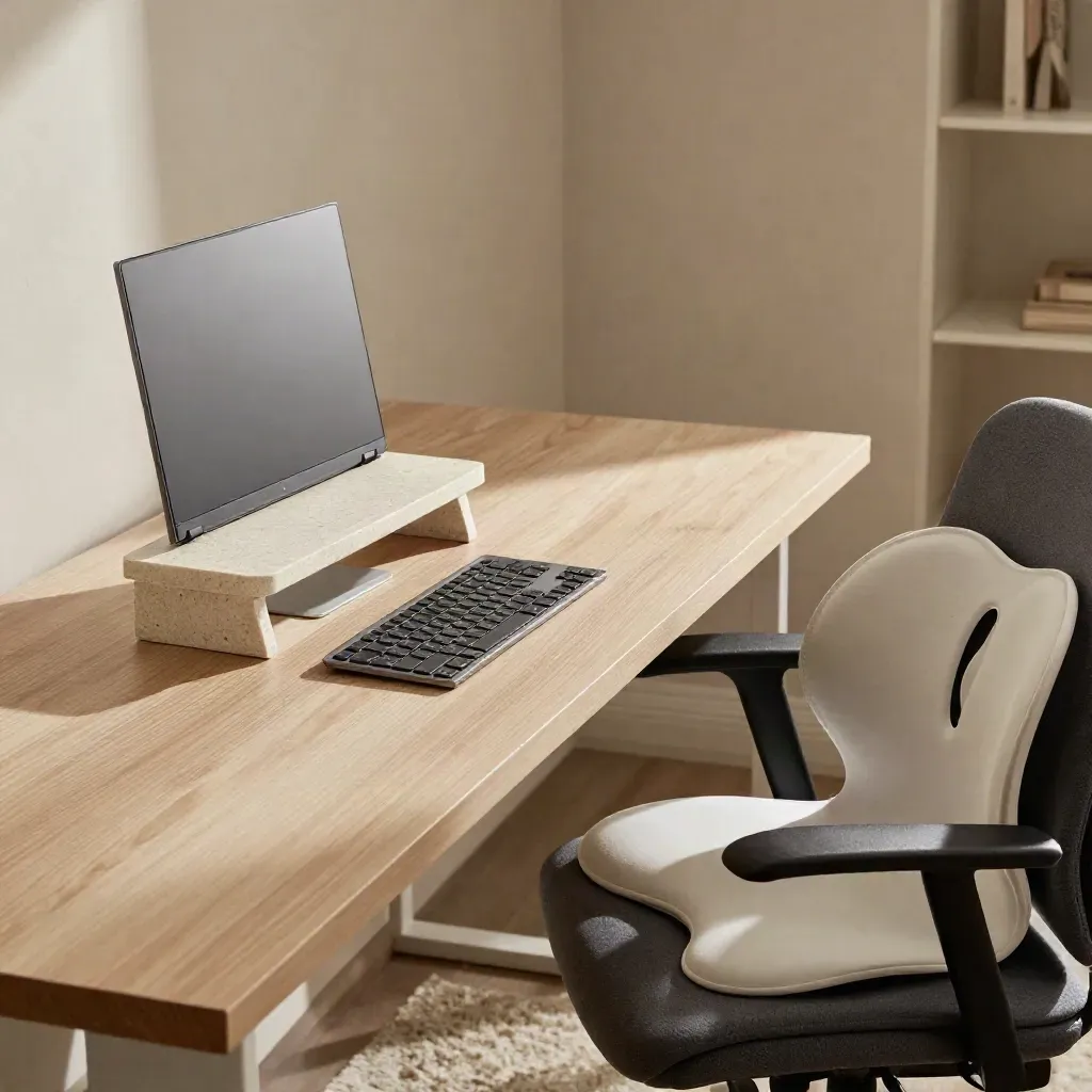Ergonomic home office setup with laptop riser, keyboard, and lumbar cushion in soft daylight