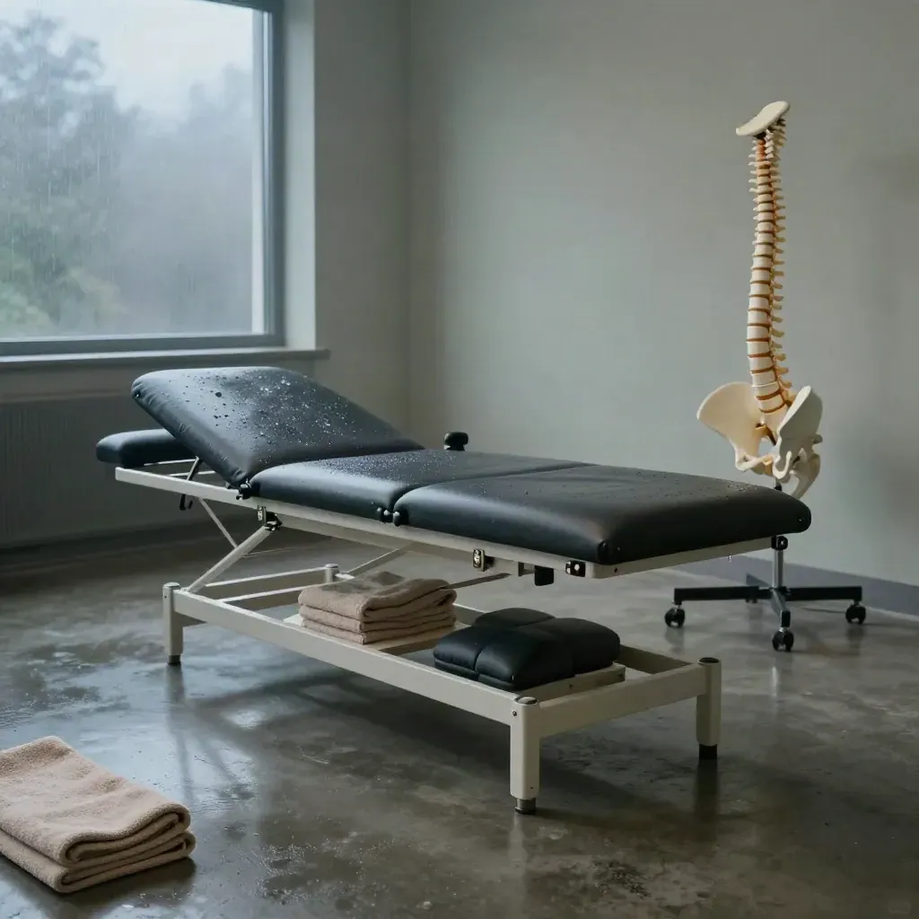 Empty spine clinic suite with tables, bolsters, towels and a spine model in dawn haze