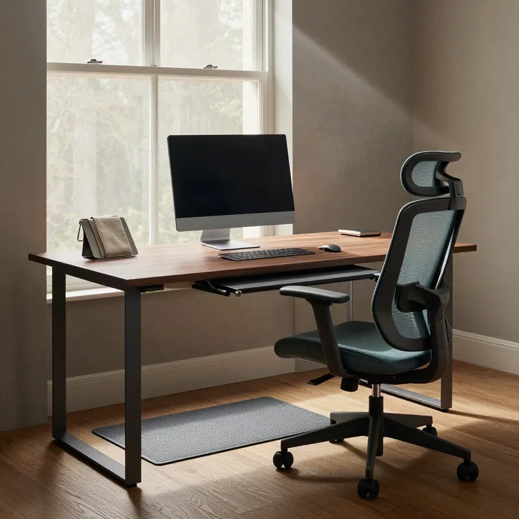 Tidy home office with ergonomic chair, monitor riser, keyboard tray, and anti-fatigue mat