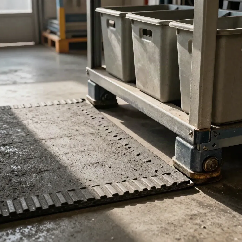 Warehouse pallet stand and anti-fatigue mat in a quiet loading aisle.
