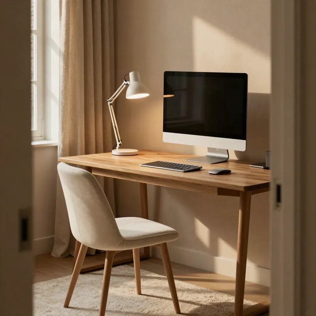 Warm home office desk with monitor arm, closed laptop, lamp, and upright chair in evening light