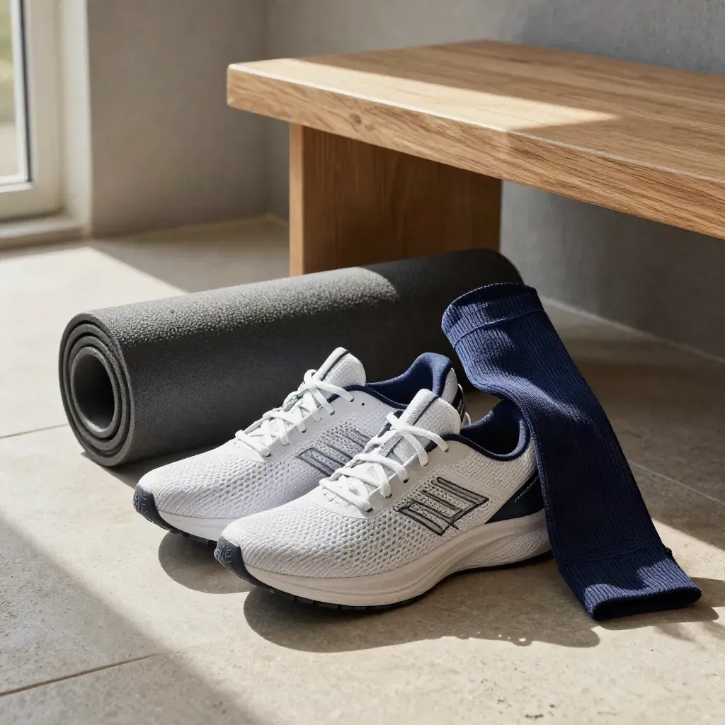 Running shoes, calf sleeves, foam roller and mobility mat by an entryway bench