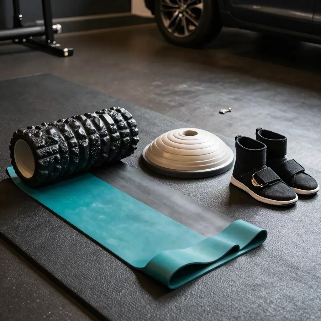 Teal rehab bands, foam roller, balance disc and ankle straps on a mat in dramatic light.