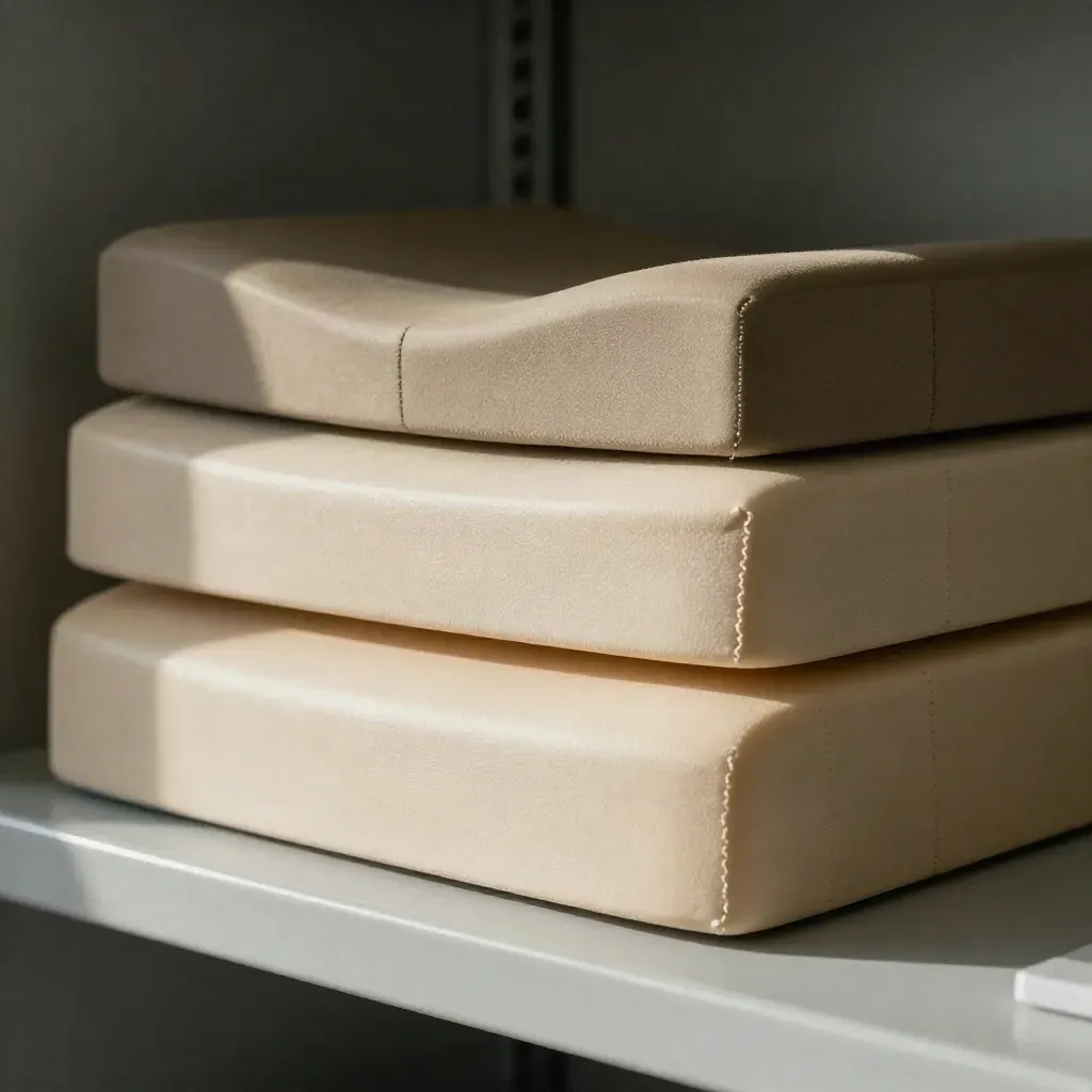 Clinic shelf stack of cervical roll, seat wedge, lumbar cushion, and posture block in close-up.