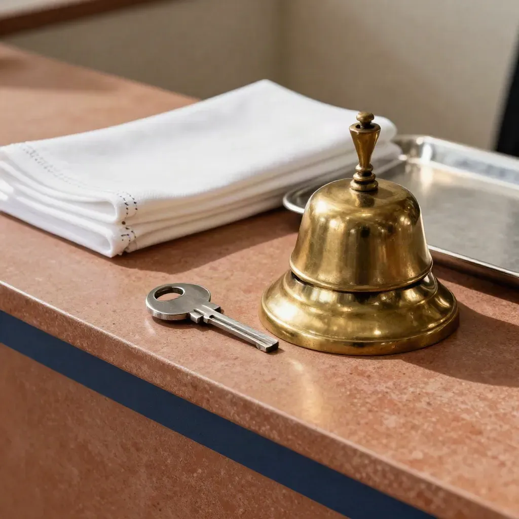 Brass reception bell, key, folded linens, and tray on a clinic counter in soft overhead light.