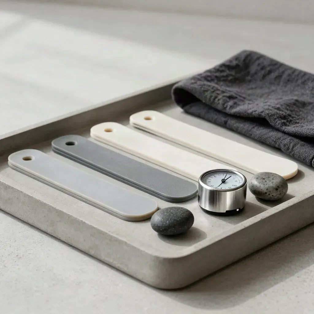Recovery bands, timer, and therapy pebbles arranged on a concrete tray in soft side light.