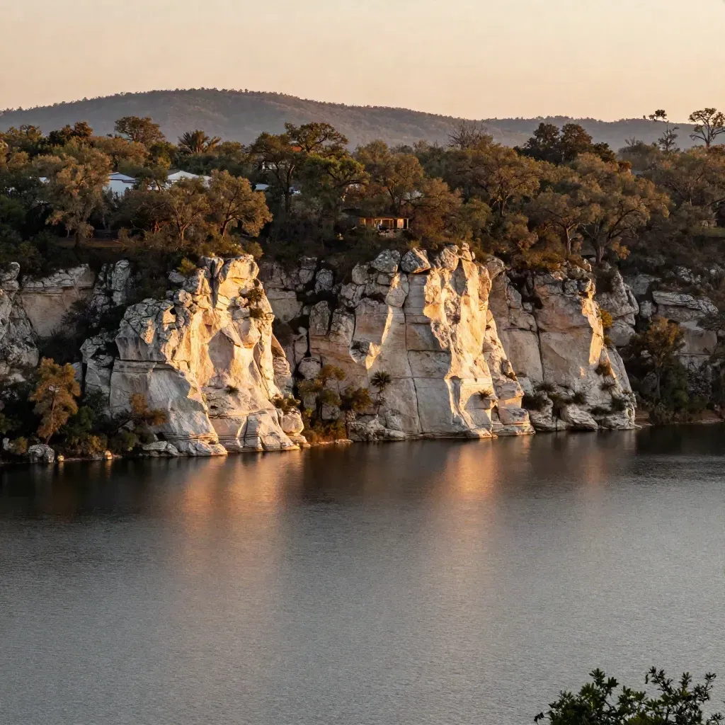 Golden-hour West Austin bluffs above Lake Austin with hazy trees and calm water