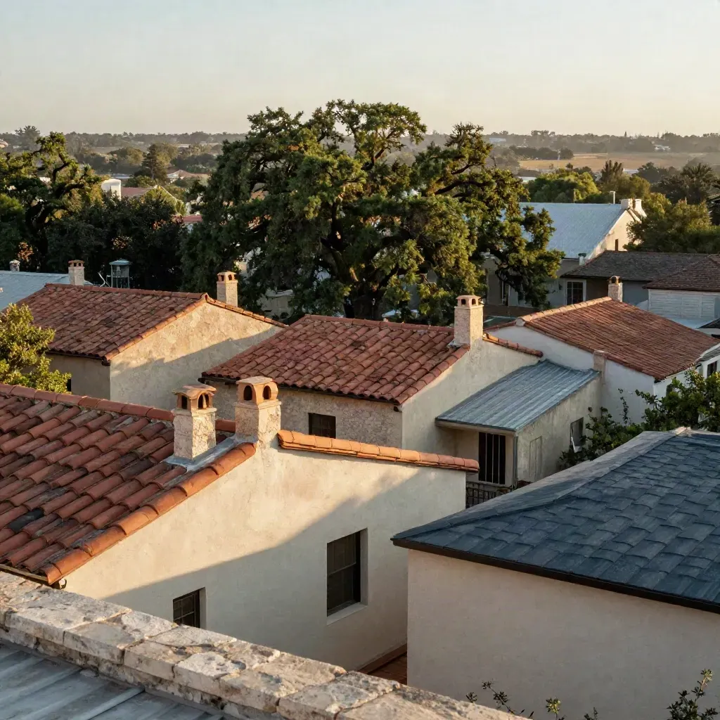South Austin rooftops and oak canopy in warm haze over a calm copy-ready horizon.